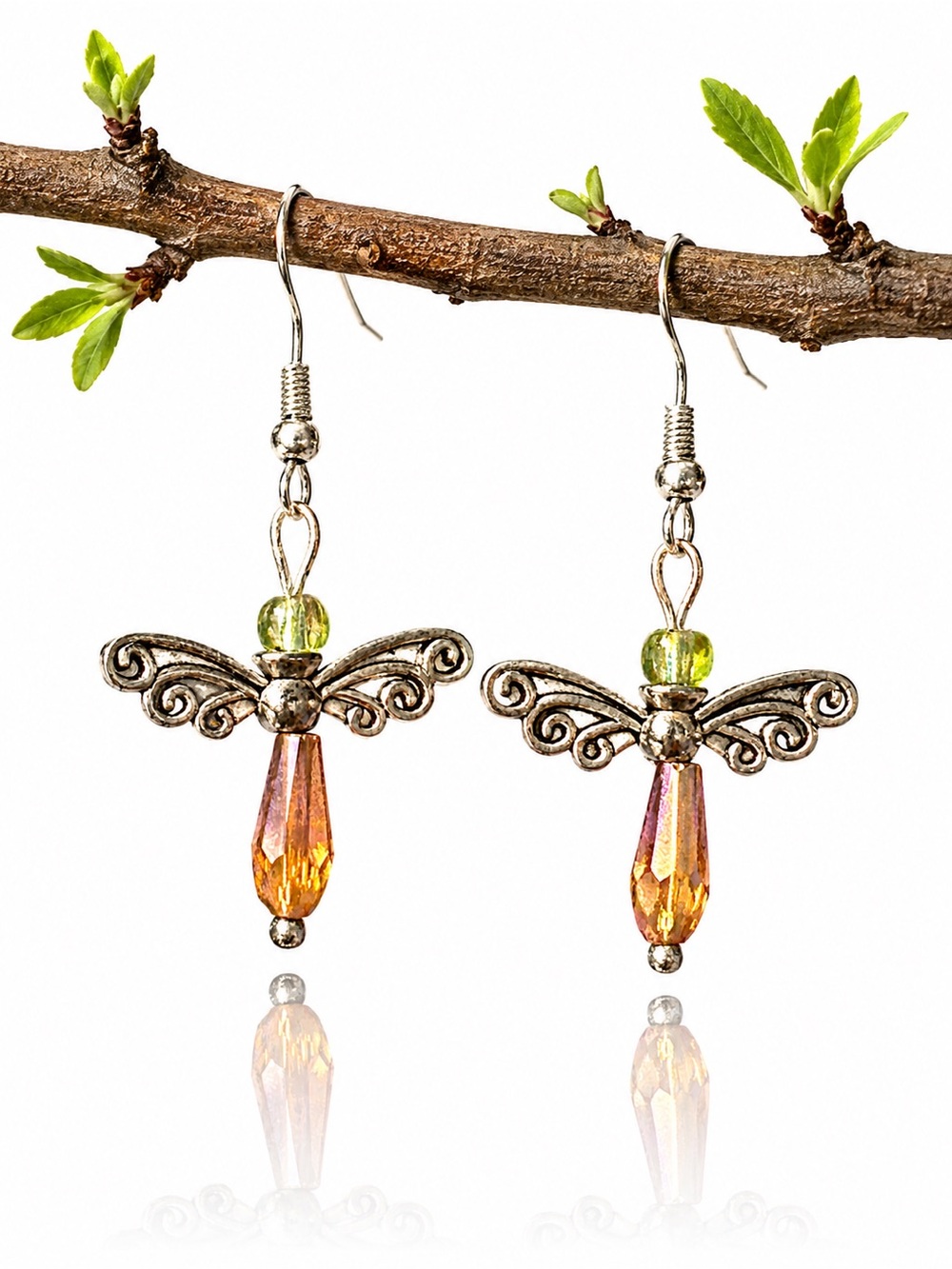Whimsical Angel Wing Earrings, Green Glass & Amber Crystal Boho Fairycore